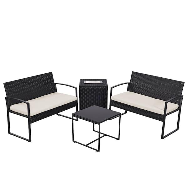 Sudzendf Black 4-Piece Wicker Patio Conversation Set with Table and Beige Cushions and Ice Bucket Storage for Backyard Garden