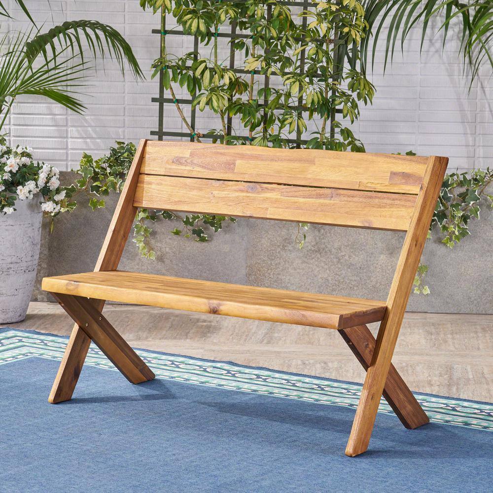 Estelle Teak Acacia Wood Farmhouse Bench with Cross Base