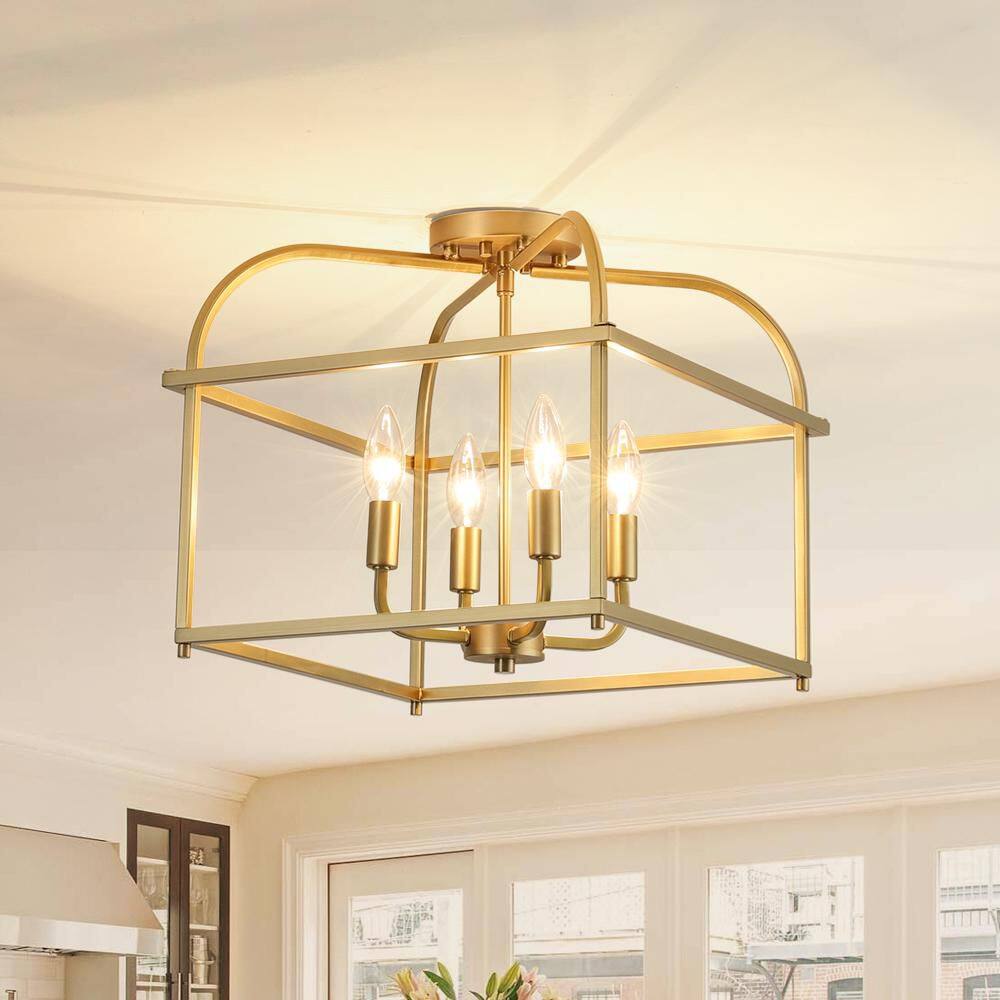 Libtad 4-Light 15 in.W Brass Semi-Flush Mount Cage Ceiling Light with Curved Lantern Frame for Foyer & Entryway price history on PriceWatchPro