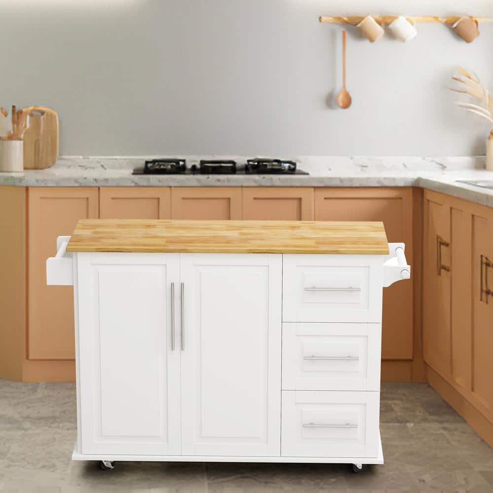 FAMYYT White Rolling Solid Wood Tabletop 43 in. Kitchen Island with