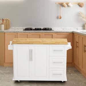 White Rolling Solid Wood Tabletop 43 in. Kitchen Island Cart with Drop-Leaf Countertop
