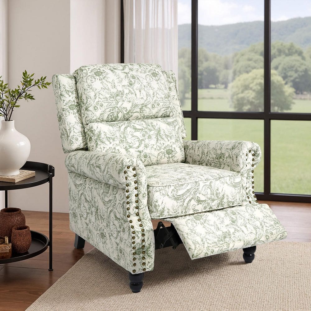 Uixe Rococo Green Linen Nailhead Trim Upholstered Recliner Chair