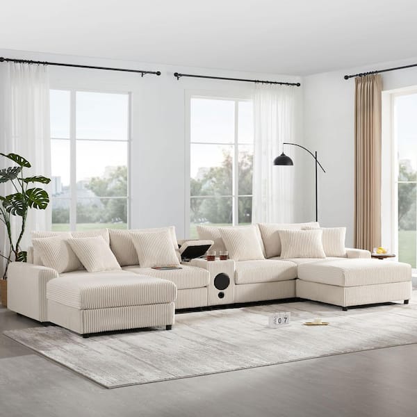 141.5 in. Corduroy U-Shaped Sectional Sofa in Cream with 2-Ottomans, Bluetooth Speakers, Console, USB Charger