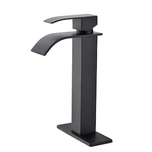 Single Handle Waterfall Bathroom Vessel Sink Faucet with Deck Plate Single Hole High Tall Bathroom Faucet in Matte Black
