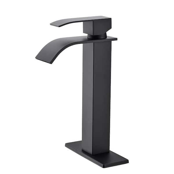AIMADI Single Handle Waterfall Bathroom Vessel Sink Faucet with Deck Plate Single Hole High Tall Bathroom Faucet in Matte Black