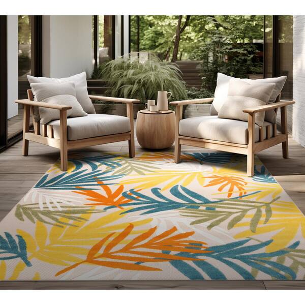 Oasis Gold 9 ft. x 12 ft. Floral Indoor/Outdoor Area Rug