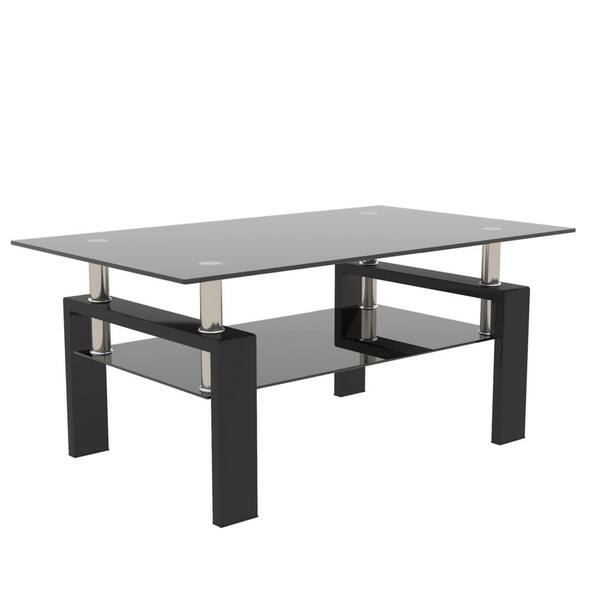 39.37 in. Black Rectangle Black Glass Coffee Table with Dual-Tier Storage & Metal Frame