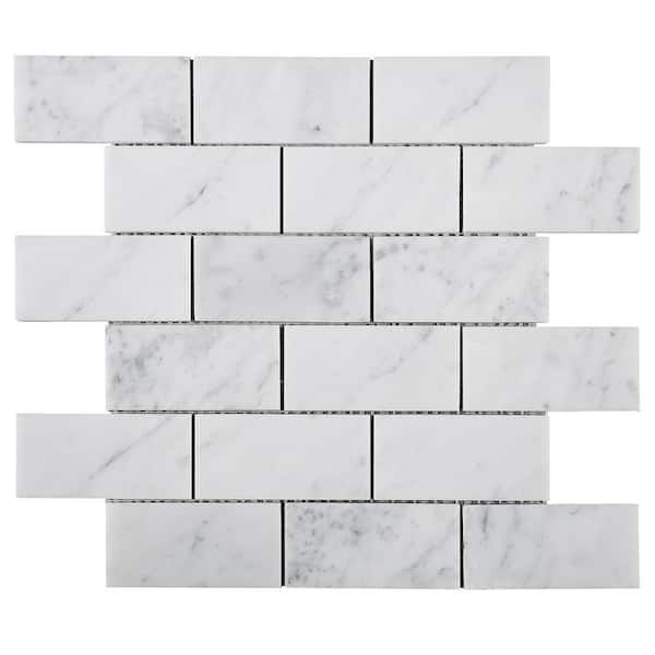 MOLOVO Carrara White 11.82 in. x 11.82 Brick Joint Polished Marble Mosaic Tile Sample