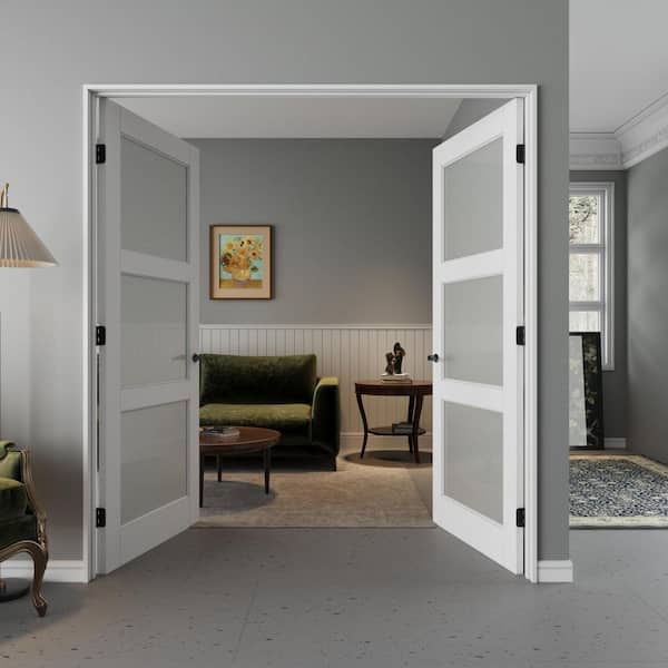 72 in. x 80 in. 3-Lite Frosted Glass Universal White Solid Core Glass Interior French Door Kit with Quick Assemble Jamb