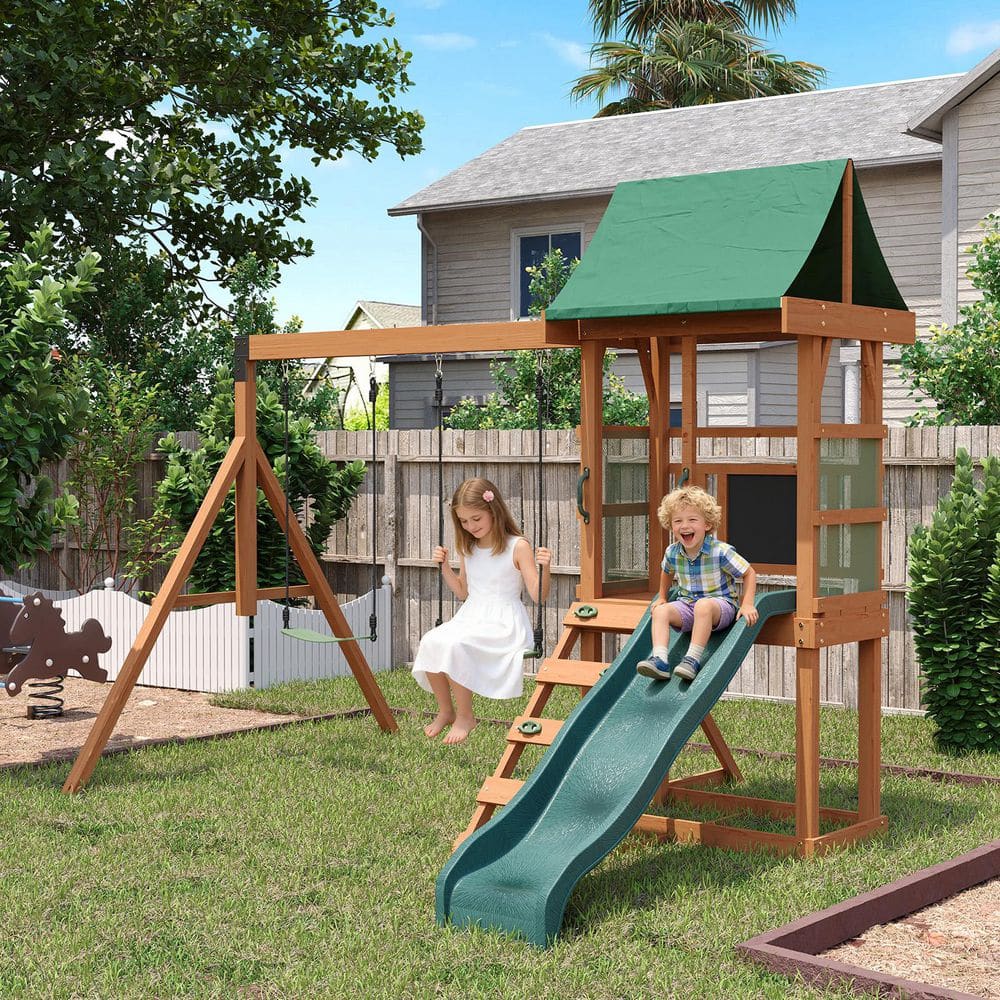 Swing Art by ISHIGRO スウィングアート バイイシグロ BaPiPro Outdoor Wooden Swing Set with Vinyl Roof, Wave Slide, Rock