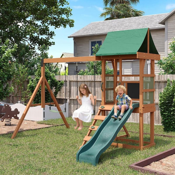 Outdoor Wooden Swing Set with Vinyl Roof, Wave Slide, Rock Ladder, Safety Belt Playset Accessories Muliti-Person Swing
