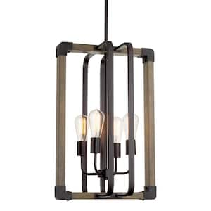 Lorenzo 60-Watt 4-Light Oil-Rubbed Bronze Farmhouse Pendant Light with Hickory Shade, No Bulb Included