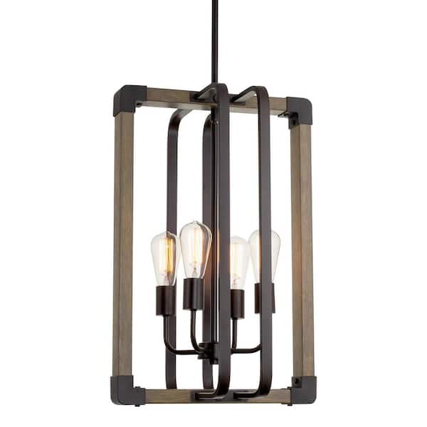 Kira Home Lorenzo 60-Watt 4-Light Oil-Rubbed Bronze Farmhouse Pendant Light with Hickory Shade, No Bulb Included