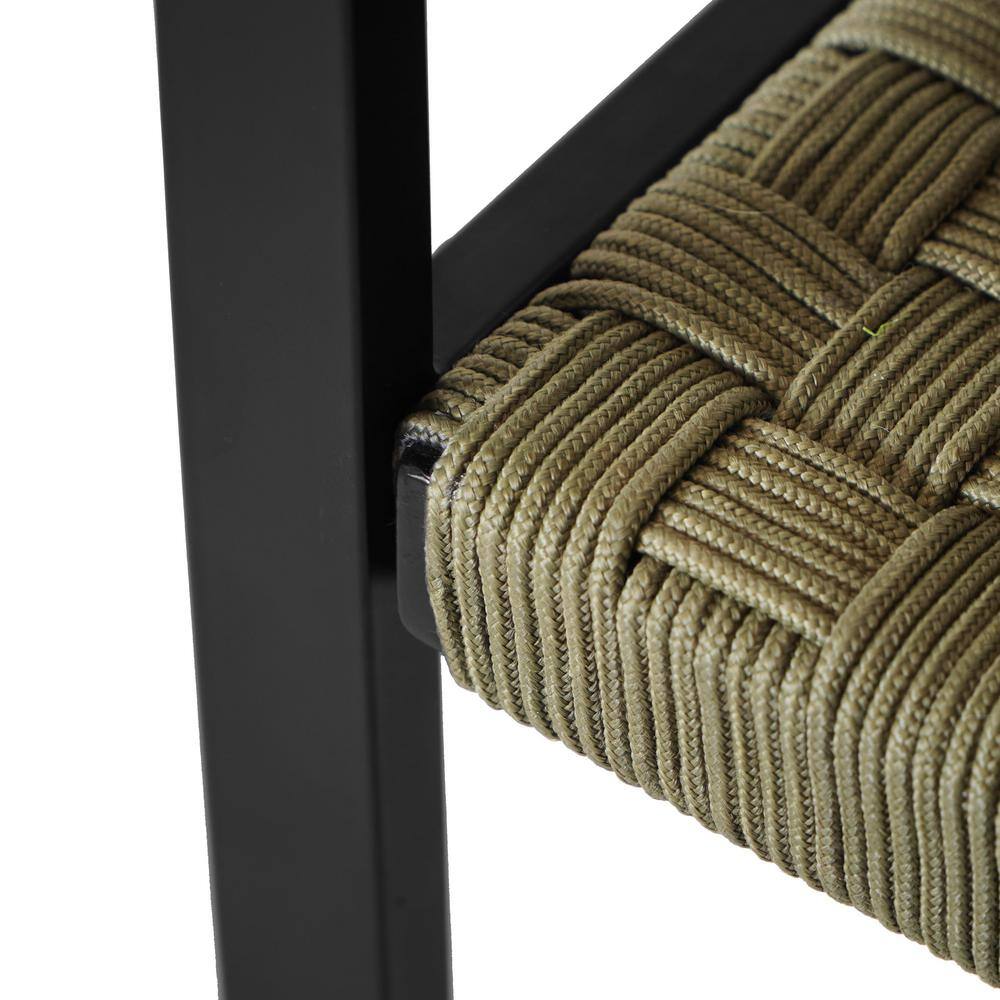 Chelsea Olive Green Metal and Rope Outdoor Bench with Armrest