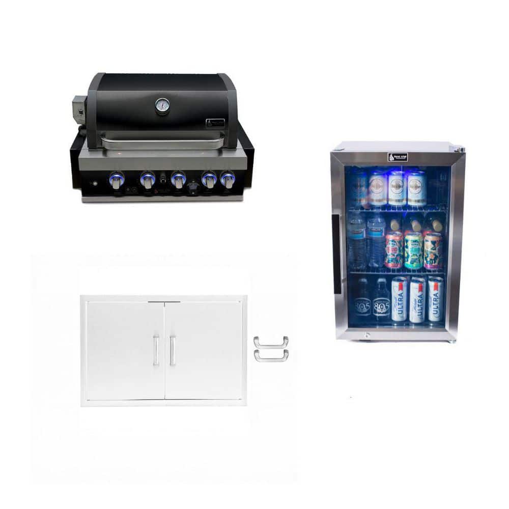 Built-in 4-Burner + Double Access Doors + Refrigerator Propane Natural Gas BBQ Grill Outdoor Kitchen in Stainless Steel