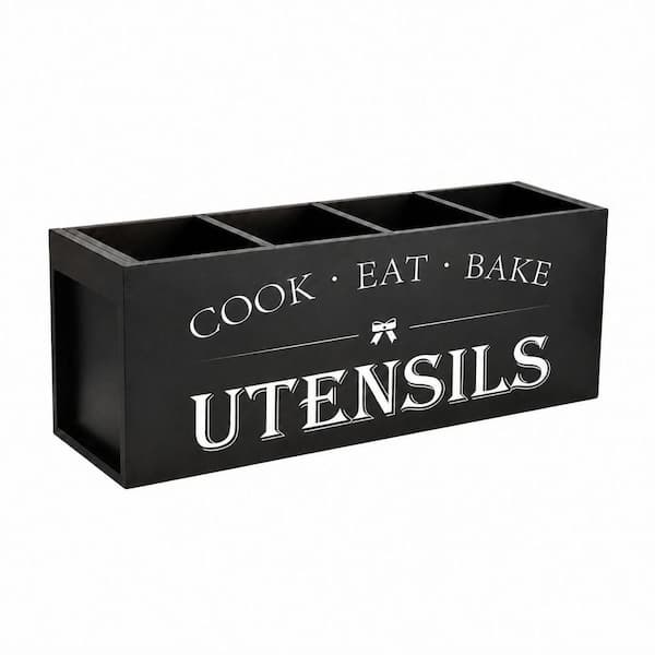 Black Wood Extra Large Utensil Holder with 4 Removable Dividers for Kitchen Countertop