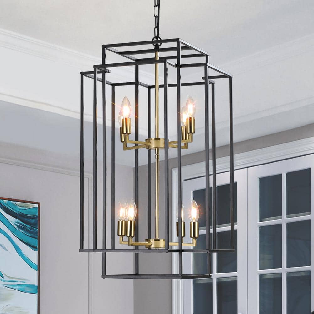 Black and Gold Geometric Metal Cage Chandelier with 8 Lights