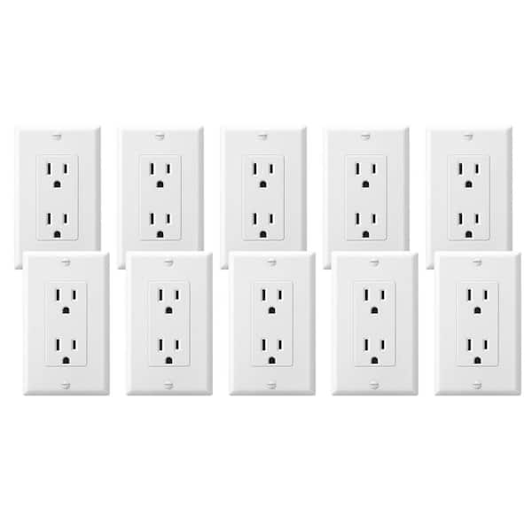 Decorator Receptacle Outlet with Wall Plate, 15 Amp Standard Electrical Wall Outlet, White (10 Pack)