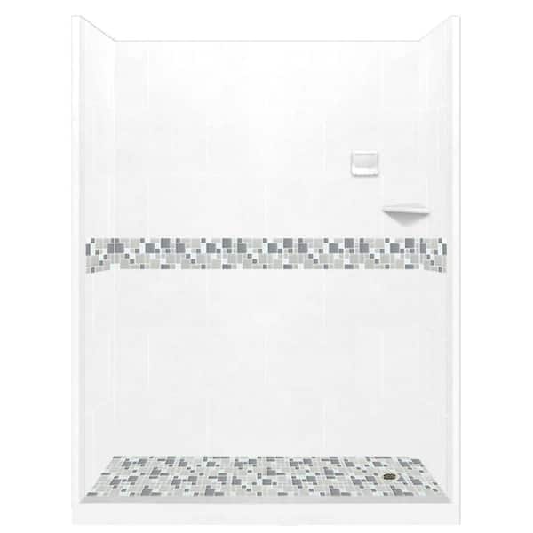 American Bath Factory Newport 60 in. L x 30 in. W x 80 in. H Right Drain Alcove Shower Kit with Shower Wall and Shower Pan in Natural Buff