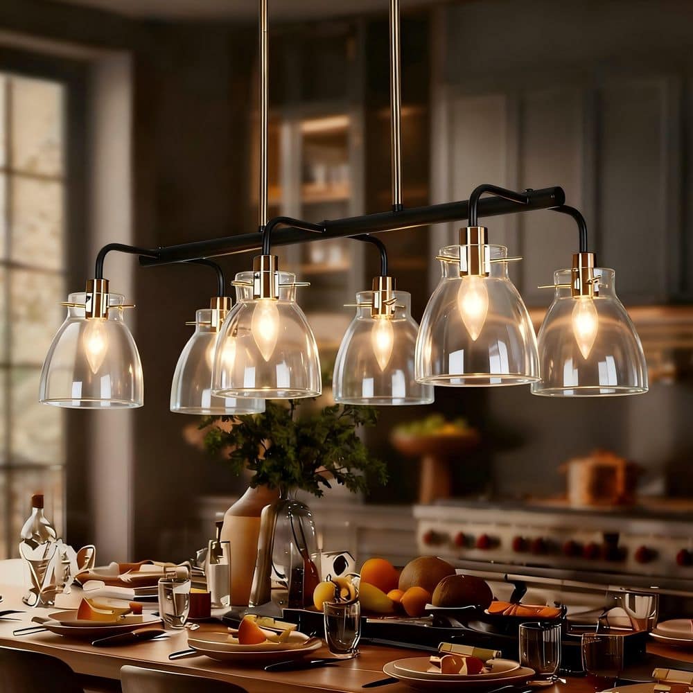 Modern Transitional 28 in. 6-Light Black Chandelier Light, Brass Island Pendant Light with Bell Clear Glass for Kitchen price history on PriceWatchPro