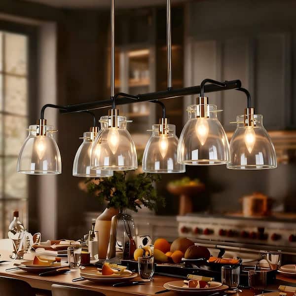 Modern Transitional 28 in. 6-Light Black Chandelier Light, Brass Island Pendant Light with Bell Clear Glass for Kitchen