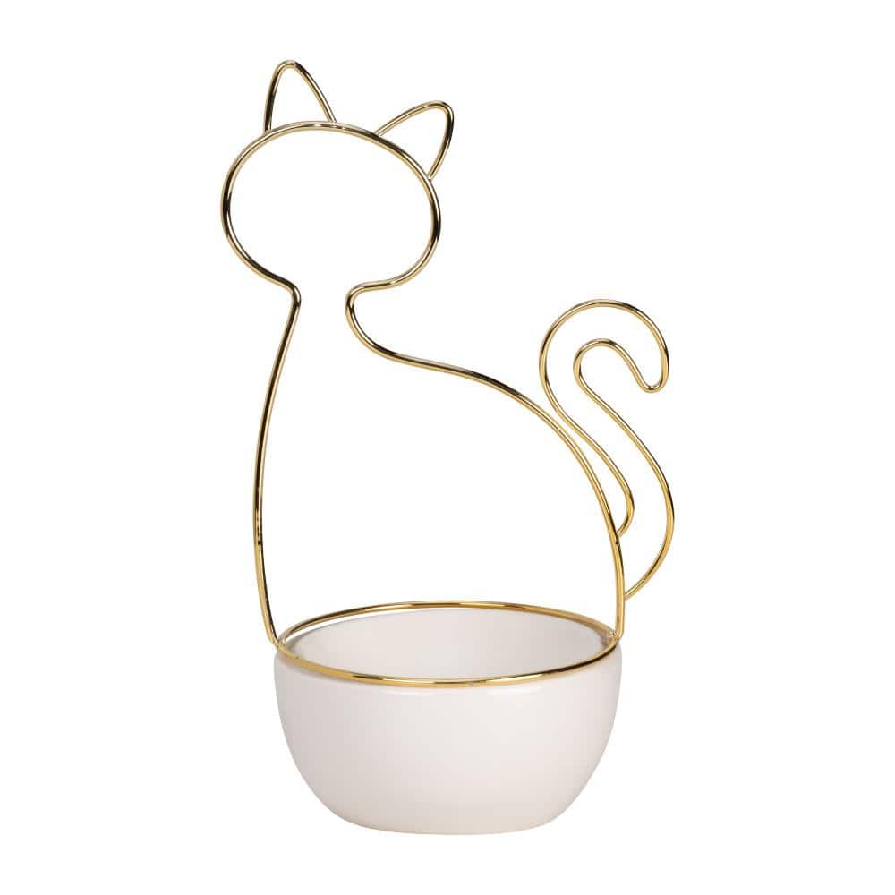 White and Gold Ceramic Cat-Shaped Trinket Tray