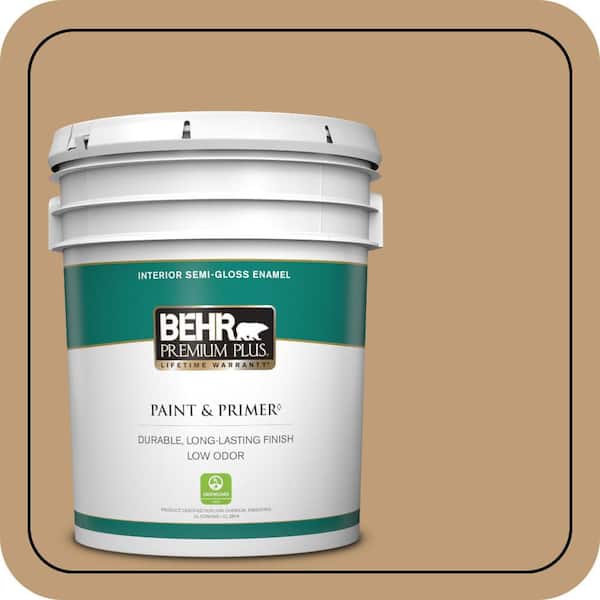 BEHR PREMIUM PLUS 5 gal. #300F-4 Almond Toast Semi-Gloss Enamel Low Odor Interior Paint & Primer
