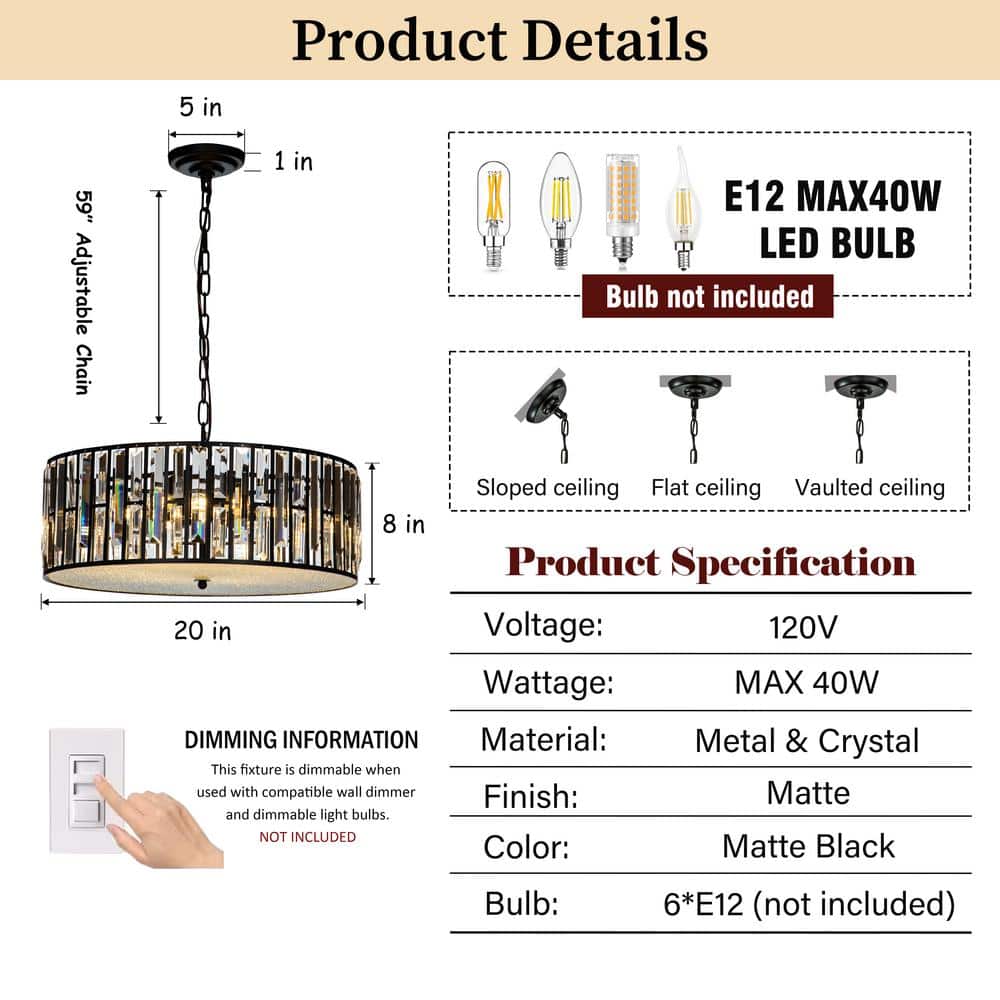 6-Light Black Drum Chandelier with Crystal Accents
