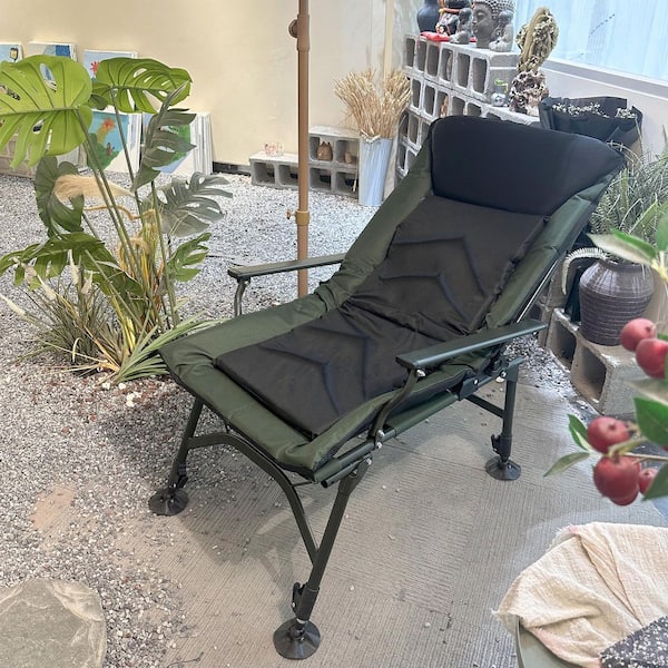 Outdoor Folding LawnChair, Black and Green, Adjustable Backrest, Steel Frame and Oxford Fabric