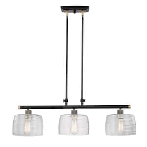 Montpellier 9 in. 3-Light Island Black with Antique Brass with Clear Glass Pendant Light