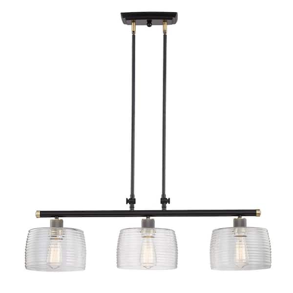 Unbranded Montpellier 9 in. 3-Light Island Black with Antique Brass with Clear Glass Pendant Light