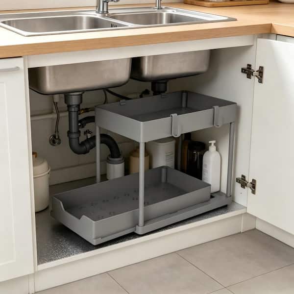 Under Sink Organizer, 2 Tier Sliding Drawer Storage Rack, Rust Proof Gray Organizer for Kitchen Bathroom Cabinet 1 Pack