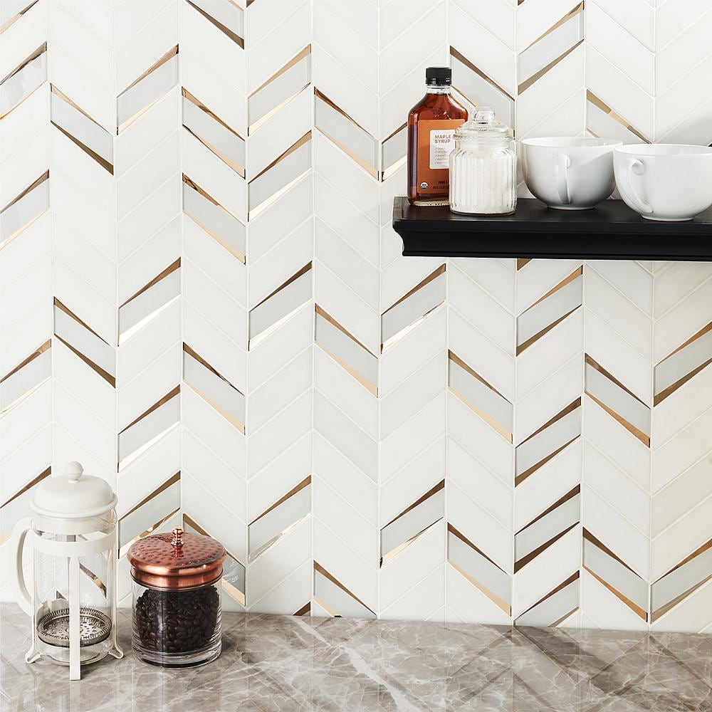 Verona Polished White Marble and Glass Chevron Mosaic Tile