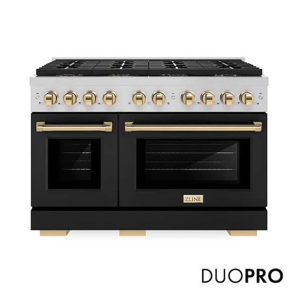 Autograph 48 in. 6.7 cu. ft. Paramount Dual Fuel Range with 8 Burner DuoPro Cooktop with Black Matte Doors and Gold
