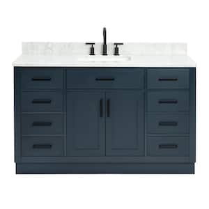 Hepburn 55 in. W x 22 in. D x 35.25 in. H Bath Vanity in Blue with Carrara Marble Vanity Top in White with White Basin