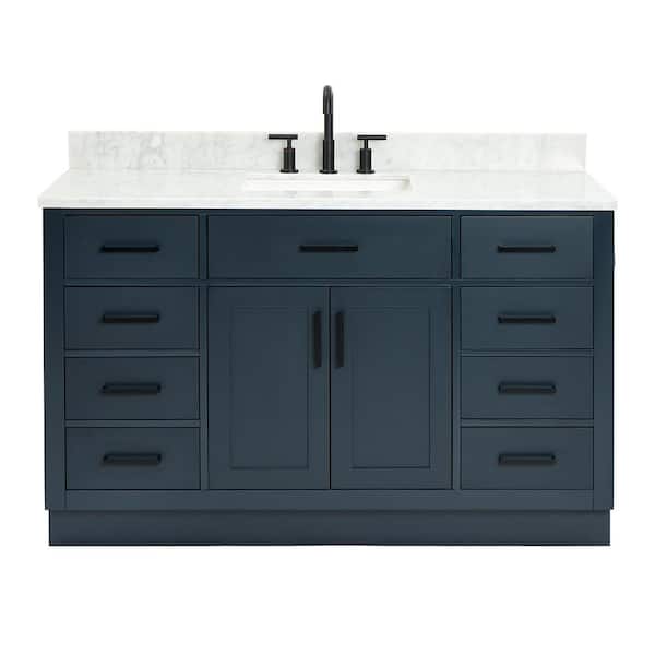 Hepburn 55 in. W x 22 in. D x 35.25 in. H Bath Vanity in Blue with Carrara Marble Vanity Top in White with White Basin