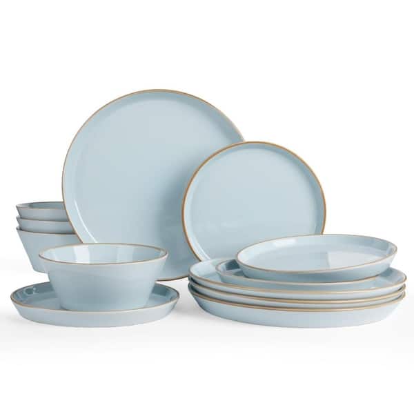 Saturn 12-Piece Light Blue Stoneware Dinnerware Set Service for 4 with Dinner Plates Salad Plates and Cereal Bowls