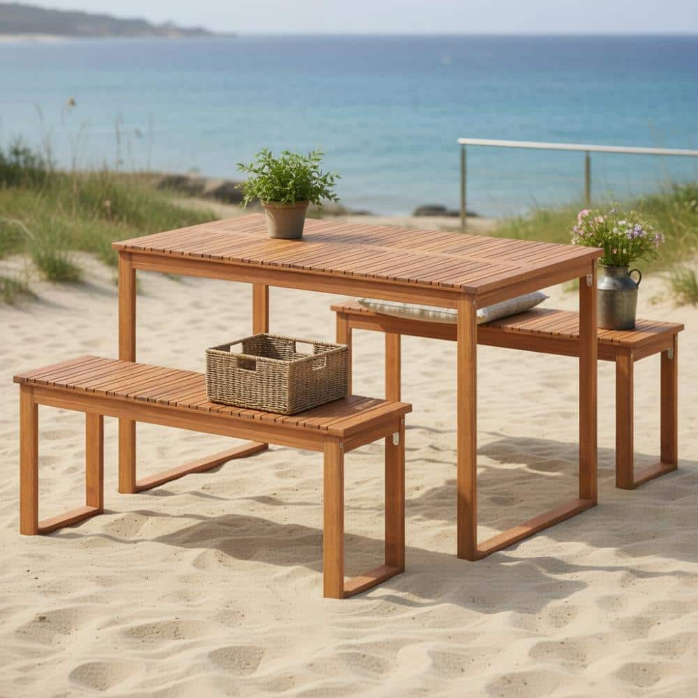 Two Pack Acacia Wood Slatted Porch Bench Natural Finish Heavy Duty Supportive Seating