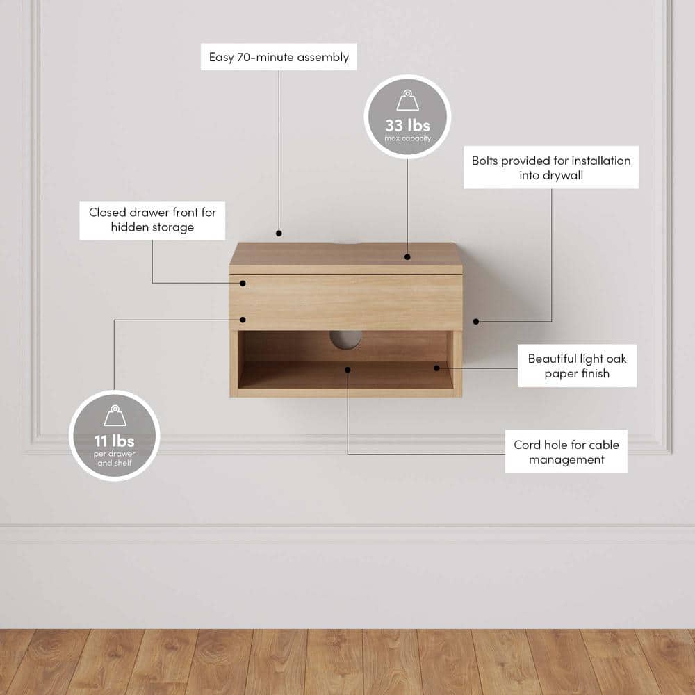 Light Oak Floating Wall-Mount Nightstand with Drawer and Shelf