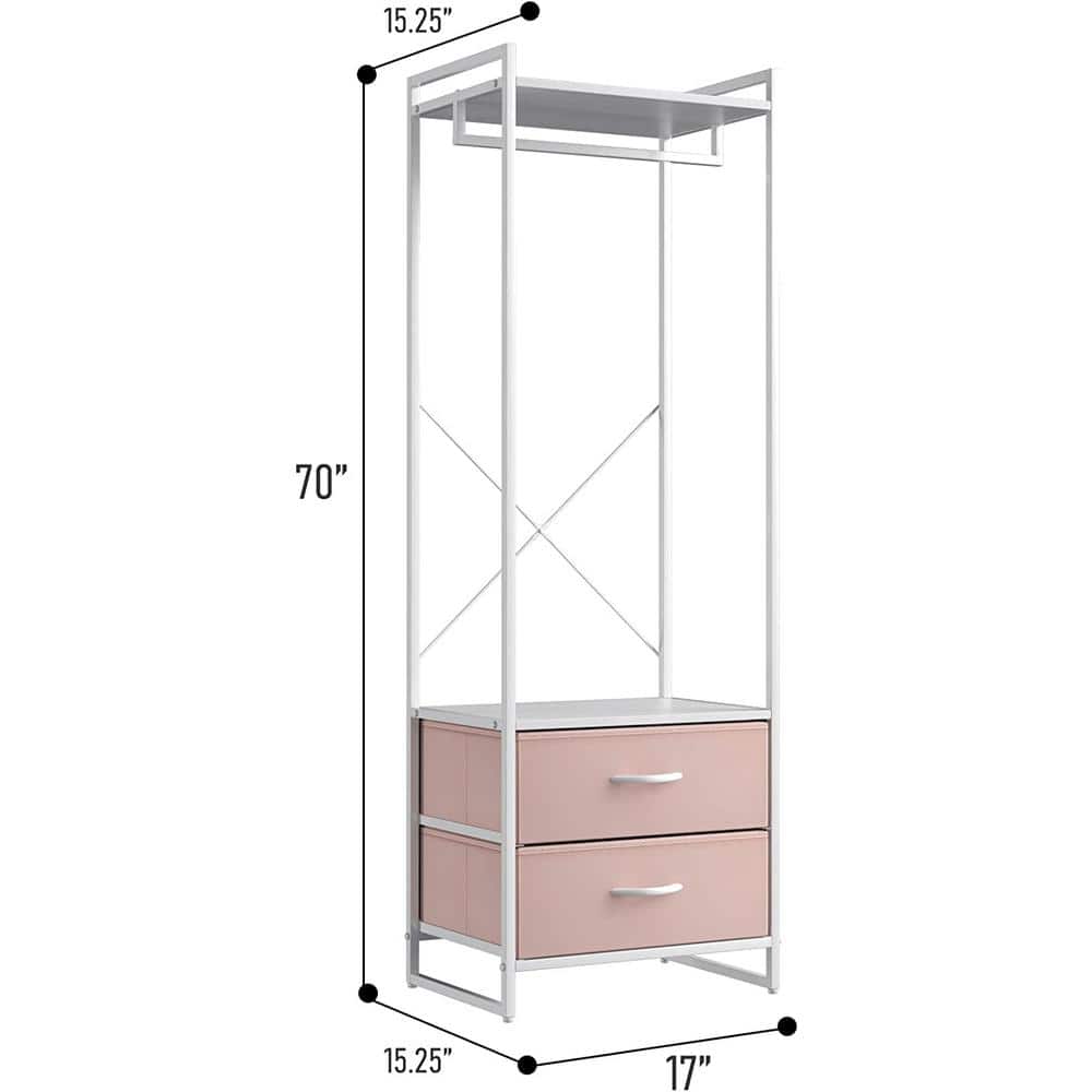 Pink and White Portable Steel Clothing Rack with Wood Top and Drawers