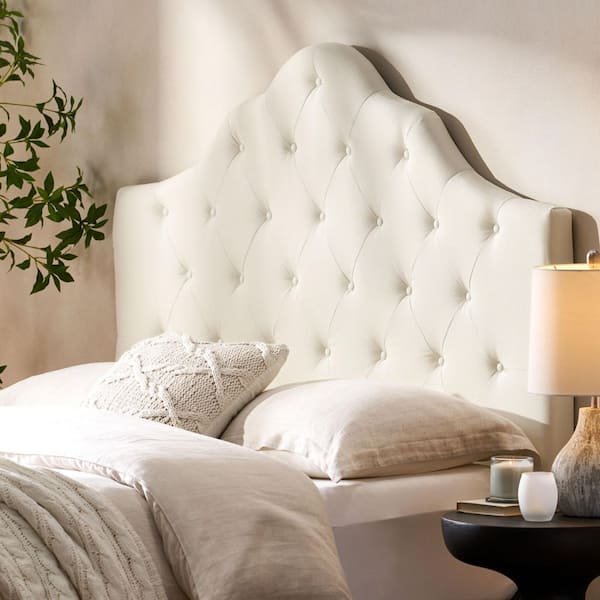 White Button-Tufted Upholstered Queen Headboard Type with Adjustable Solid Wood and Durable Metal Legs