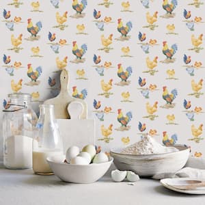 Free Range Chickens Blue/Yellow/Red Matte Finish Vinyl on Non-Woven Non-Pasted Wallpaper Roll