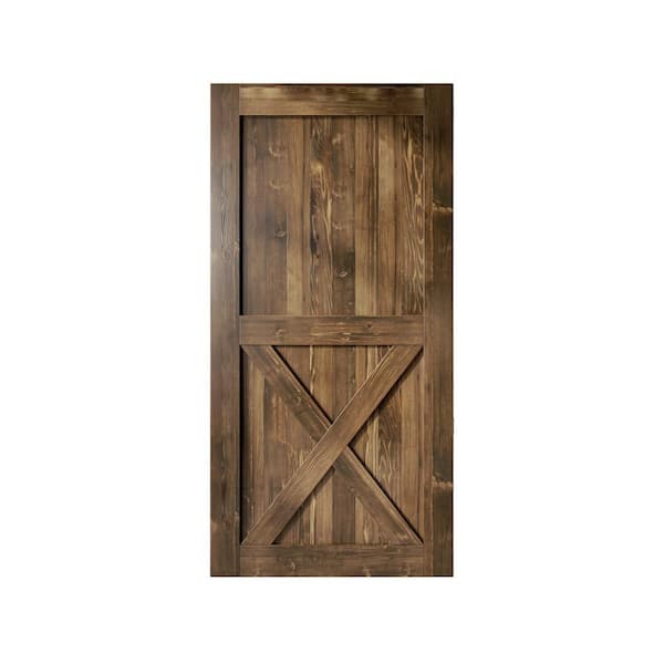 HOMACER 42 in. x 84 in. X-Frame Walnut Solid Natural Pine Wood Panel Interior Sliding Barn Door Slab with Frame