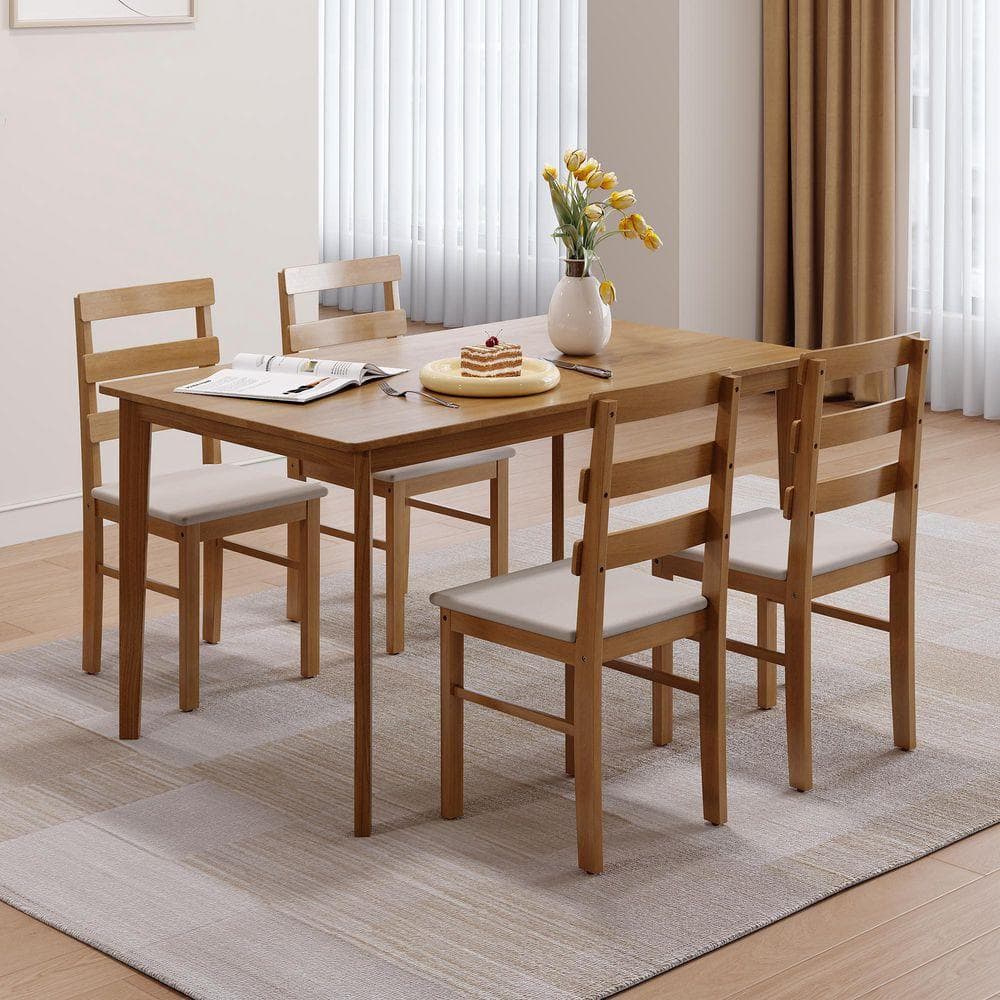 5-Piece Rectangular Brown Wood Dining Set 1 Table and 4 Chair Seats with Beige Cushions