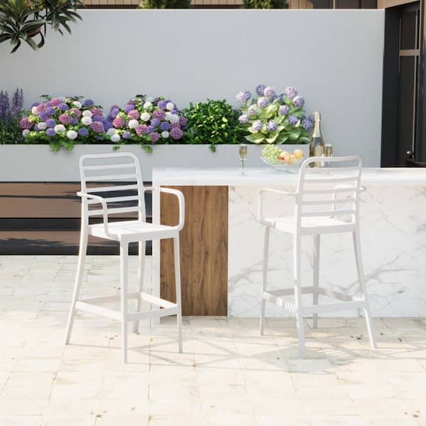 Frond and Form 29.5 in. Outdoor Patio All-Weather White Poly Plastic Stackable Bar Stool (Set of 2)