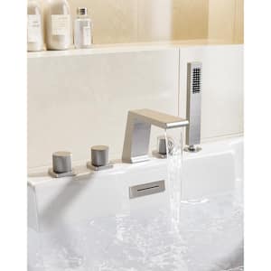3-Handles Deck-Mount Roman Tub Faucet with Hand Shower in Brushed Nickel (Valve Included)