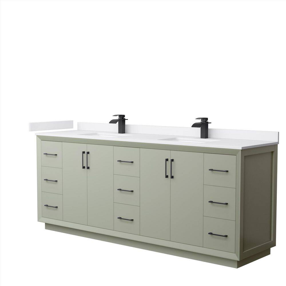 Wyndham Collection Strada 84 in. W x 22 in. D x 35 in. H Double Bath Vanity in Light Green with White Cultured Marble Top, Light Green with Matte Black Trim -  WCF414184DLBWCUNSMXX