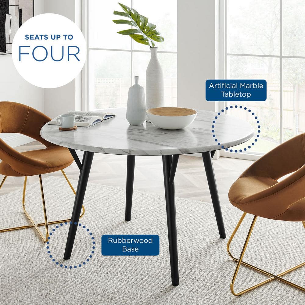 Gallant 50" Round White Marble Dining Table with Black Rubberwood Legs