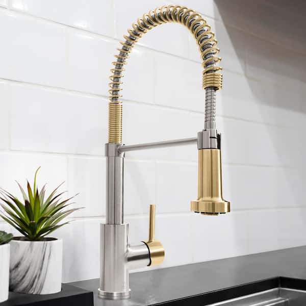 Autograph Edition 20.5 in. Apollo Pull Down Spring Single Handle Kitchen Faucet in Brushed Nickel and Champagne Bronze