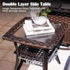 Brown wicker side table with a tempered glass top and lower shelf.